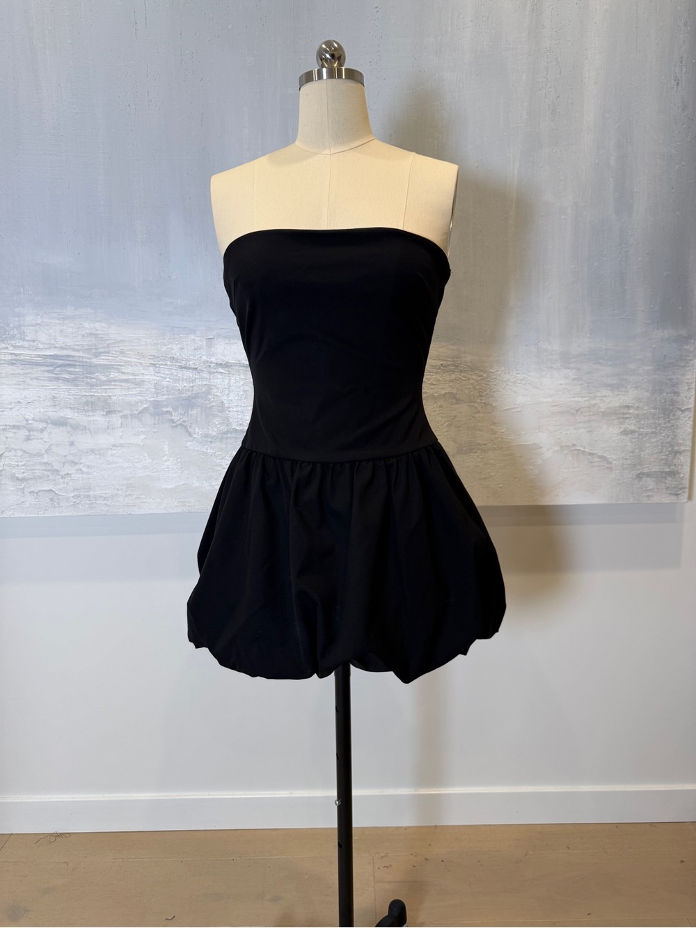 White Fox Boutique Black Strapless Bubble Hem Mini Dress